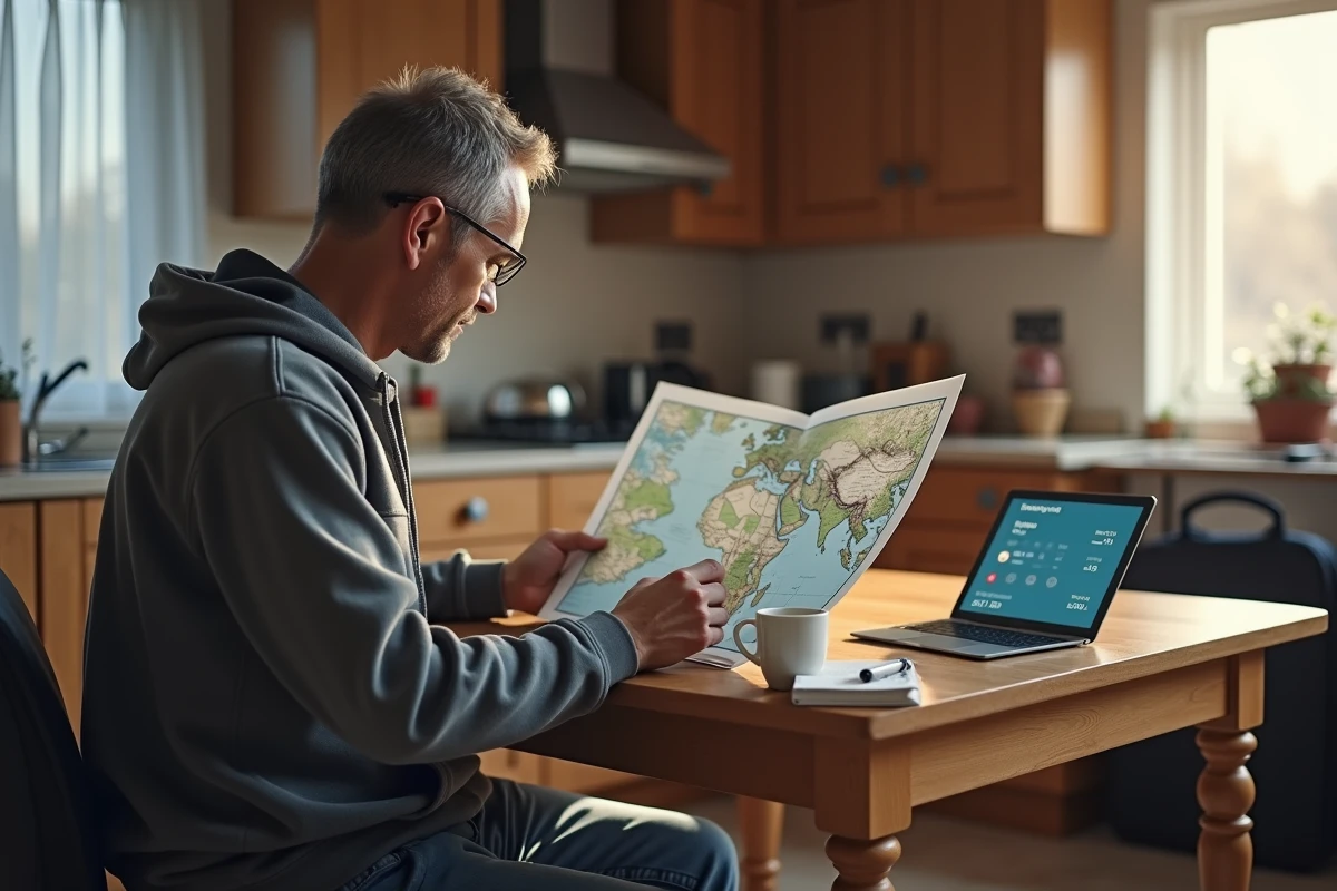 Homme planifiant son trajet de vacances scolaires d'octobre en consultant une carte routière et une application de trafic sur tablette