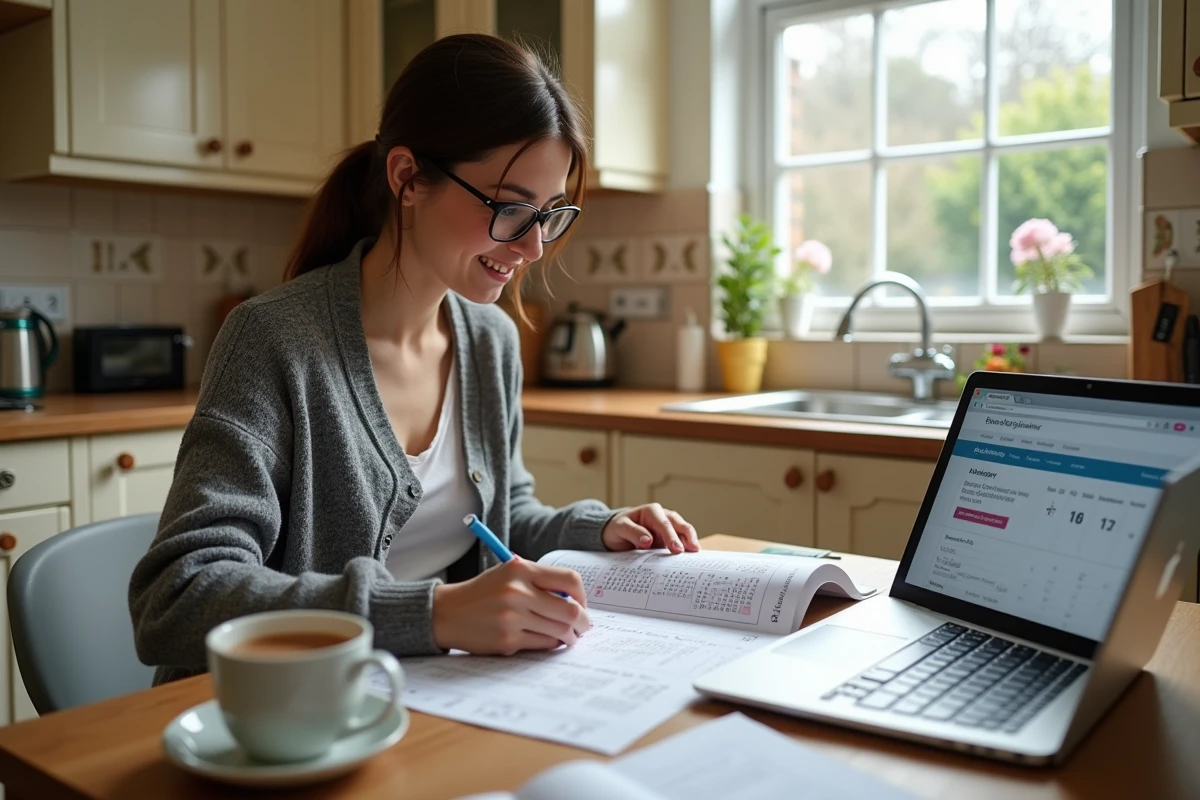 Mère de famille française planifiant les vacances scolaires anglaises 2026 à l'aide d'un calendrier scolaire britannique