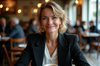 Portrait élégant d'une femme artiste dans un café parisien, illustrant l'univers intime de Juliette Plumecocq Mech