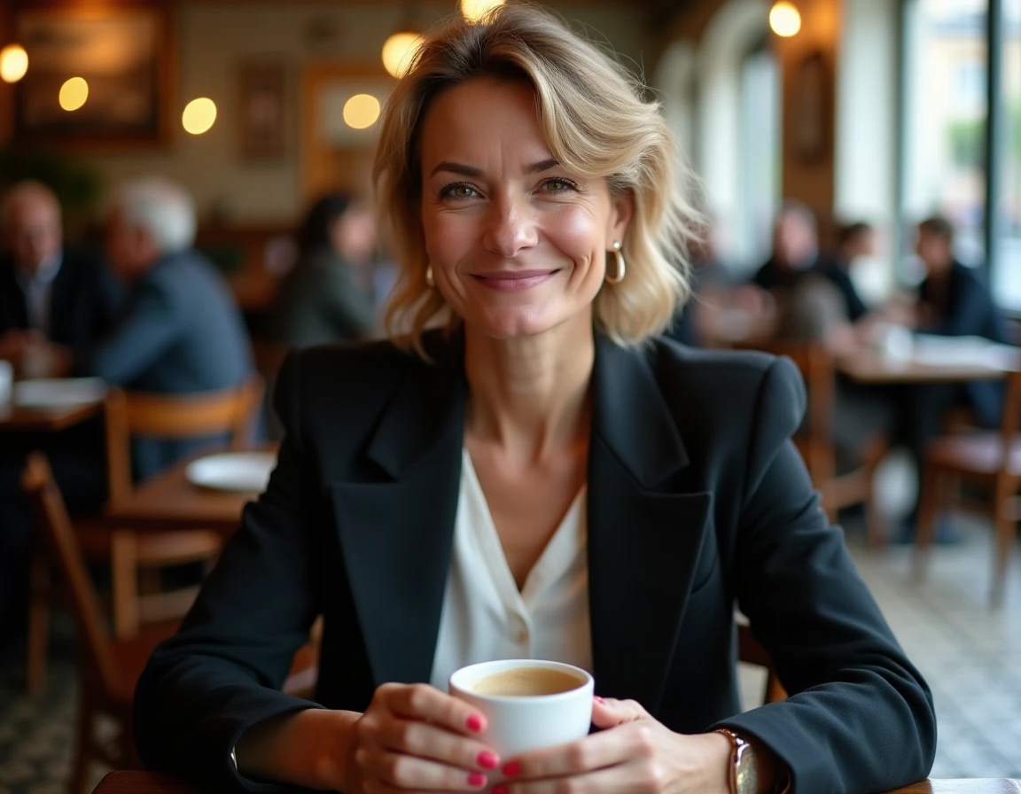 Portrait élégant d'une femme artiste dans un café parisien, illustrant l'univers intime de Juliette Plumecocq Mech
