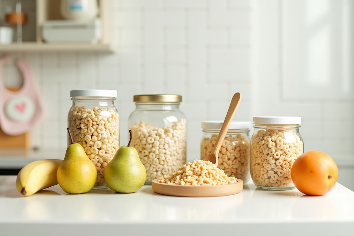 Pots de céréales pour bébé avec fruits frais sur le comptoir