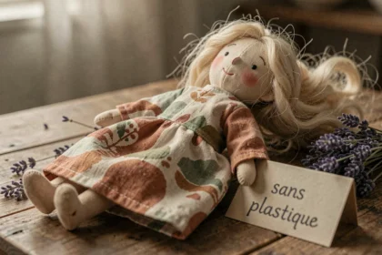 Poupée écologique artisanale en coton bio et laine naturelle posée sur une table en bois brut, robe en lin teinte végétale
