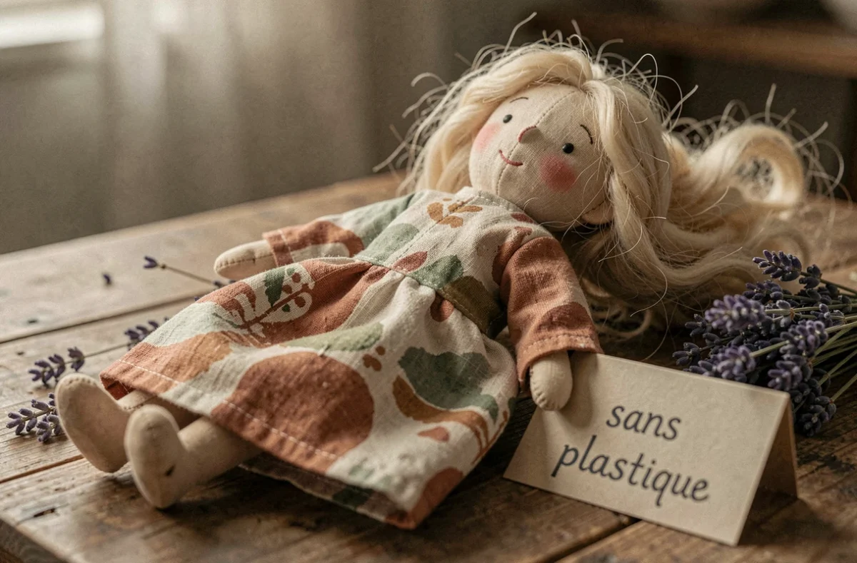 Poupée écologique artisanale en coton bio et laine naturelle posée sur une table en bois brut, robe en lin teinte végétale