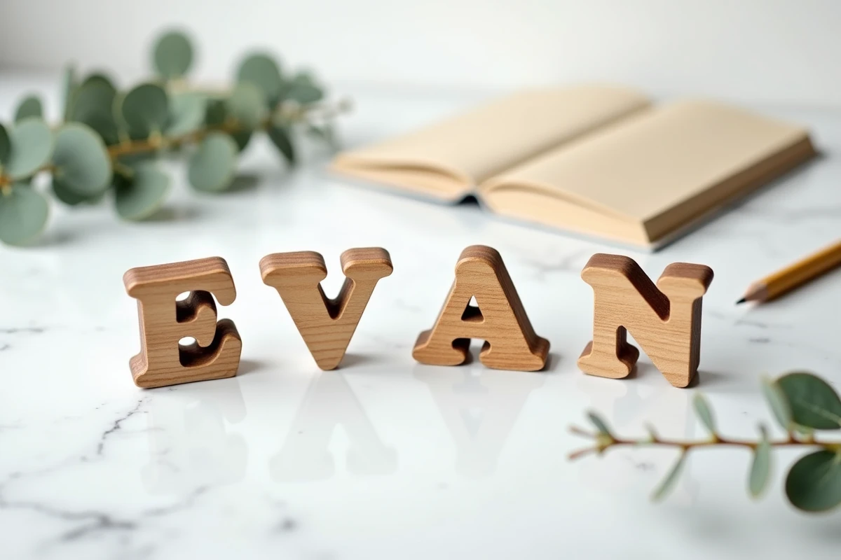Prénom Evan épelé avec des cubes en bois sur un bureau en marbre blanc, entouré de feuilles d'eucalyptus et d'un carnet kraft