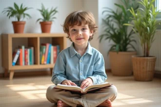 Jeune garçon prénommé Evan assis sur un parquet en bois, lisant un livre illustré dans un salon chaleureux aux tons naturels