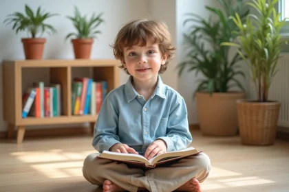 Jeune garçon prénommé Evan assis sur un parquet en bois, lisant un livre illustré dans un salon chaleureux aux tons naturels