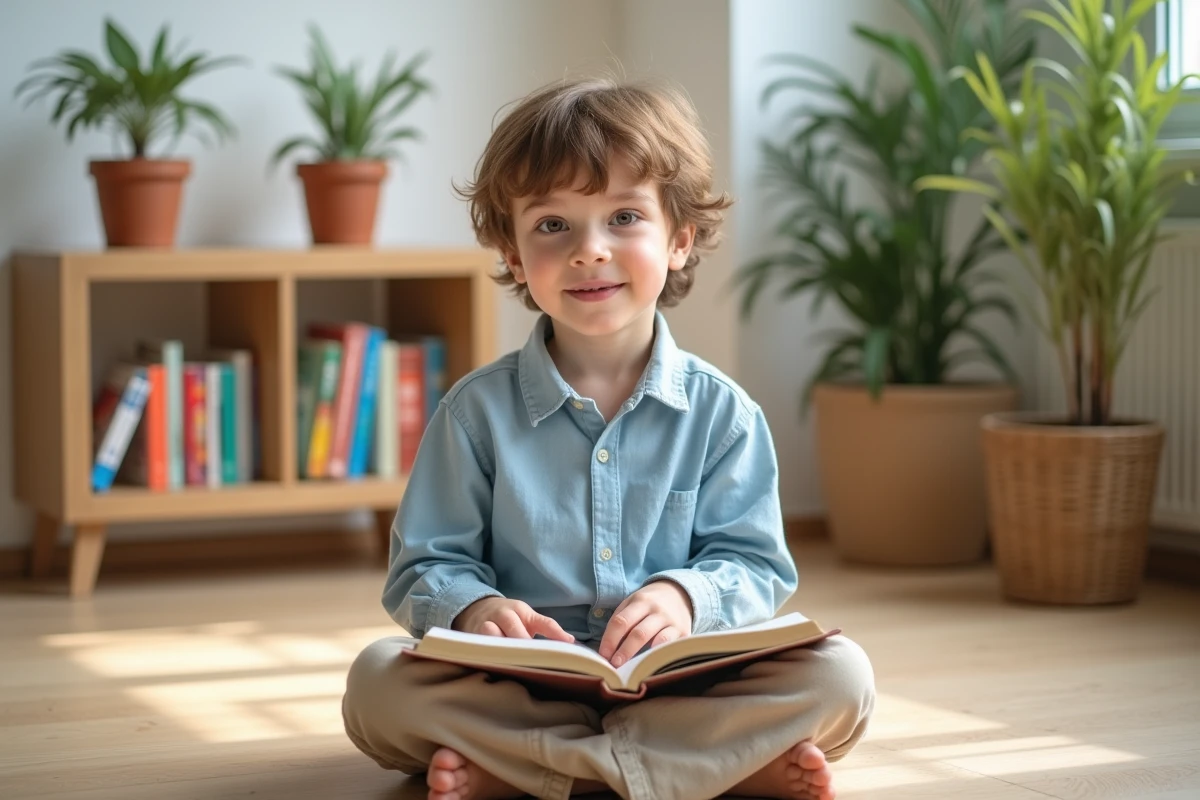 Jeune garçon prénommé Evan assis sur un parquet en bois, lisant un livre illustré dans un salon chaleureux aux tons naturels