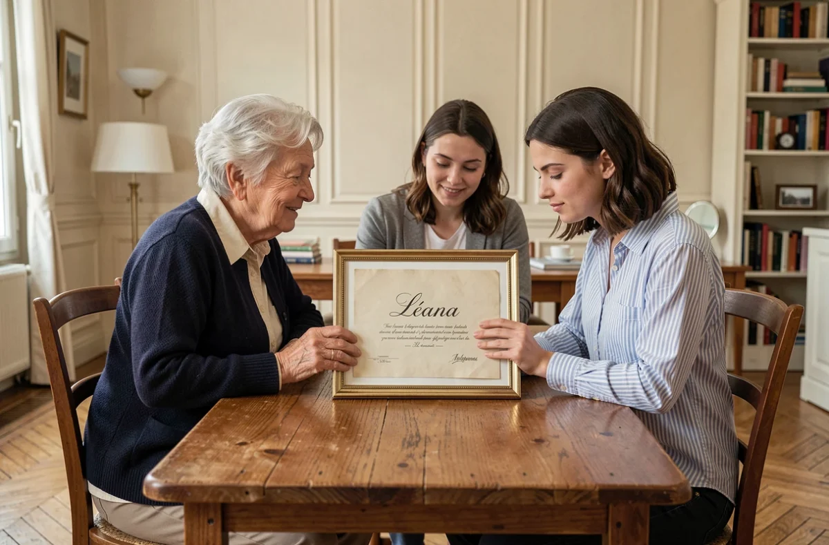 Grand-mère et jeune mère admirant un certificat de baptême au prénom Léana dans un appartement parisien chaleureux