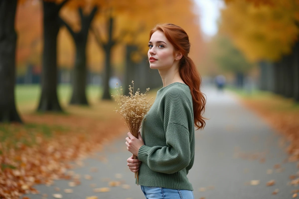 Jeune femme prénommée Sacha dans un parc en automne tenant un bouquet de fleurs séchées, ambiance naturelle et contemplative