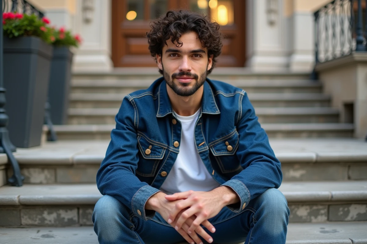 Jeune homme prénommé Sacha assis sur des marches en pierre devant un immeuble européen, portrait urbain naturel et confiant