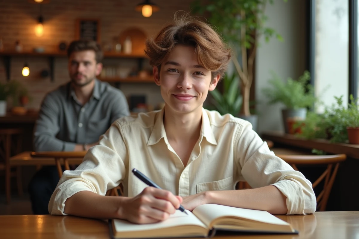 Jeune adulte prénommé Sacha souriant dans un café parisien avec un carnet ouvert, portrait 3/4 chaleureux et naturel