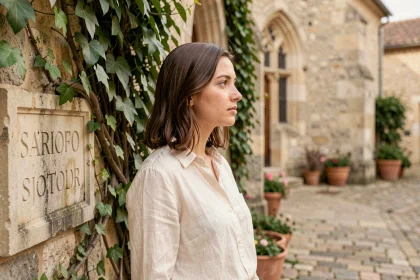 Jeune femme française contemplant une inscription de prénom de sainte sur un mur d'église en pierre ancienne dans un village provençal