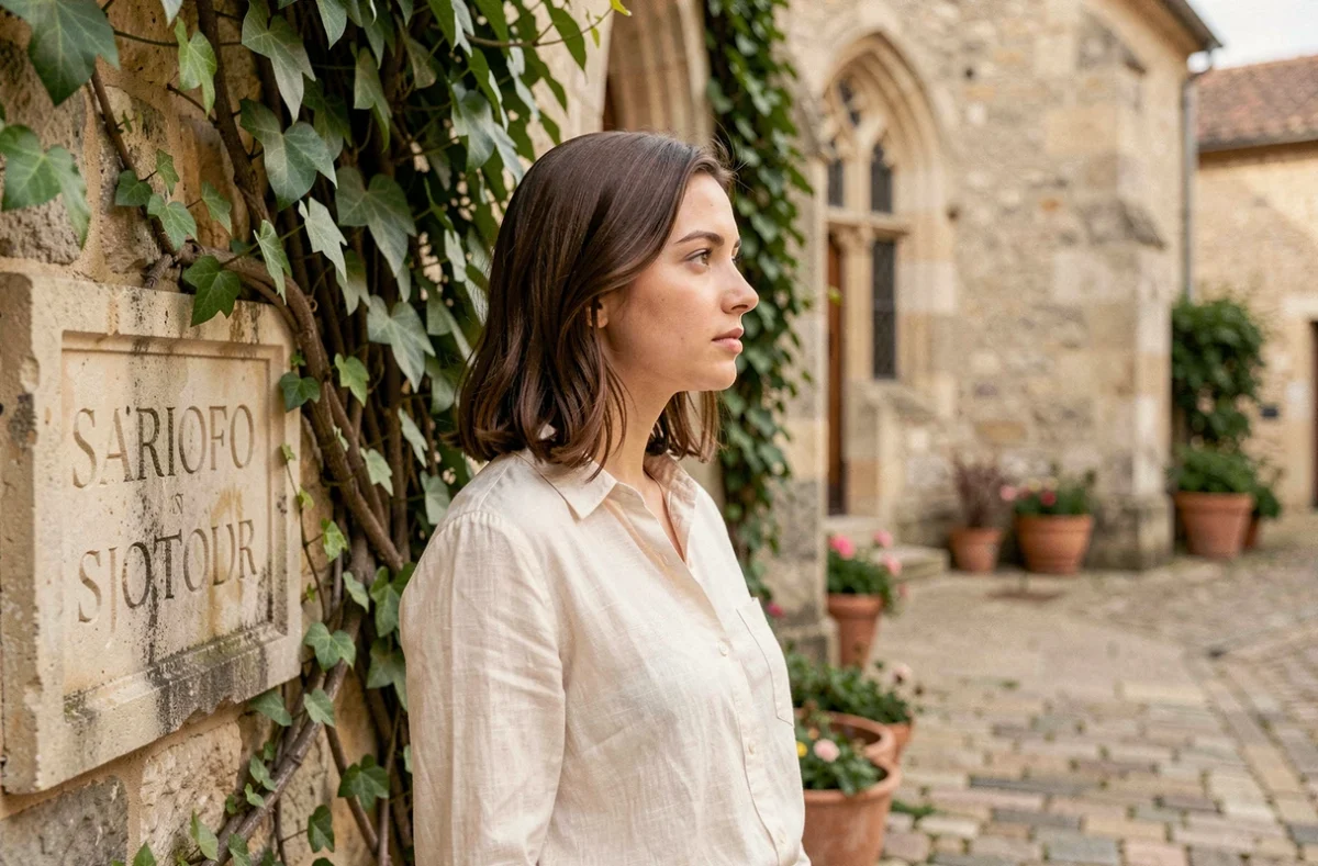 Jeune femme française contemplant une inscription de prénom de sainte sur un mur d'église en pierre ancienne dans un village provençal