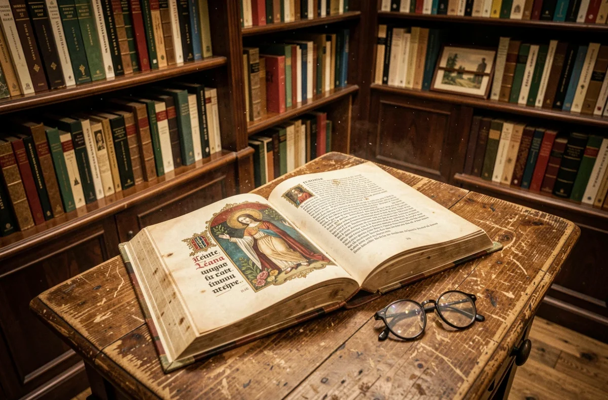 Livre ouvert sur la page de sainte Léana posé sur une table en chêne dans une librairie ancienne aux étagères garnies d'ouvrages religieux