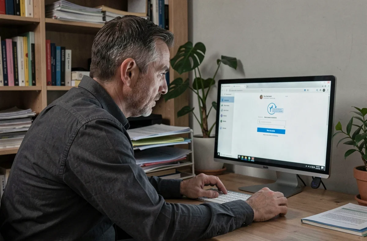 Homme en télétravail consultant la page de récupération de mot de passe du portail Médisysnet sur son ordinateur de bureau