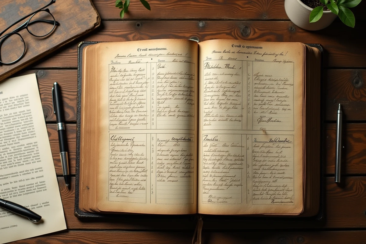 Gros plan sur un registre d'état civil ancien ouvert avec des actes manuscrits et un formulaire administratif moderne posé à côté