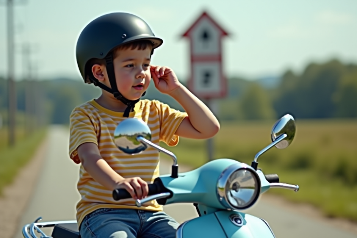 Jeune ajustant son casque sur un scooter en campagne en plein jour