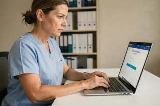 Femme en tenue médicale réinitialisant son mot de passe sur un portail de santé Médisysnet depuis un bureau hospitalier