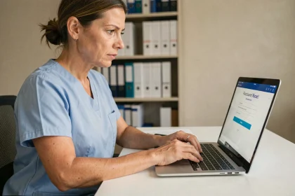 Femme en tenue médicale réinitialisant son mot de passe sur un portail de santé Médisysnet depuis un bureau hospitalier