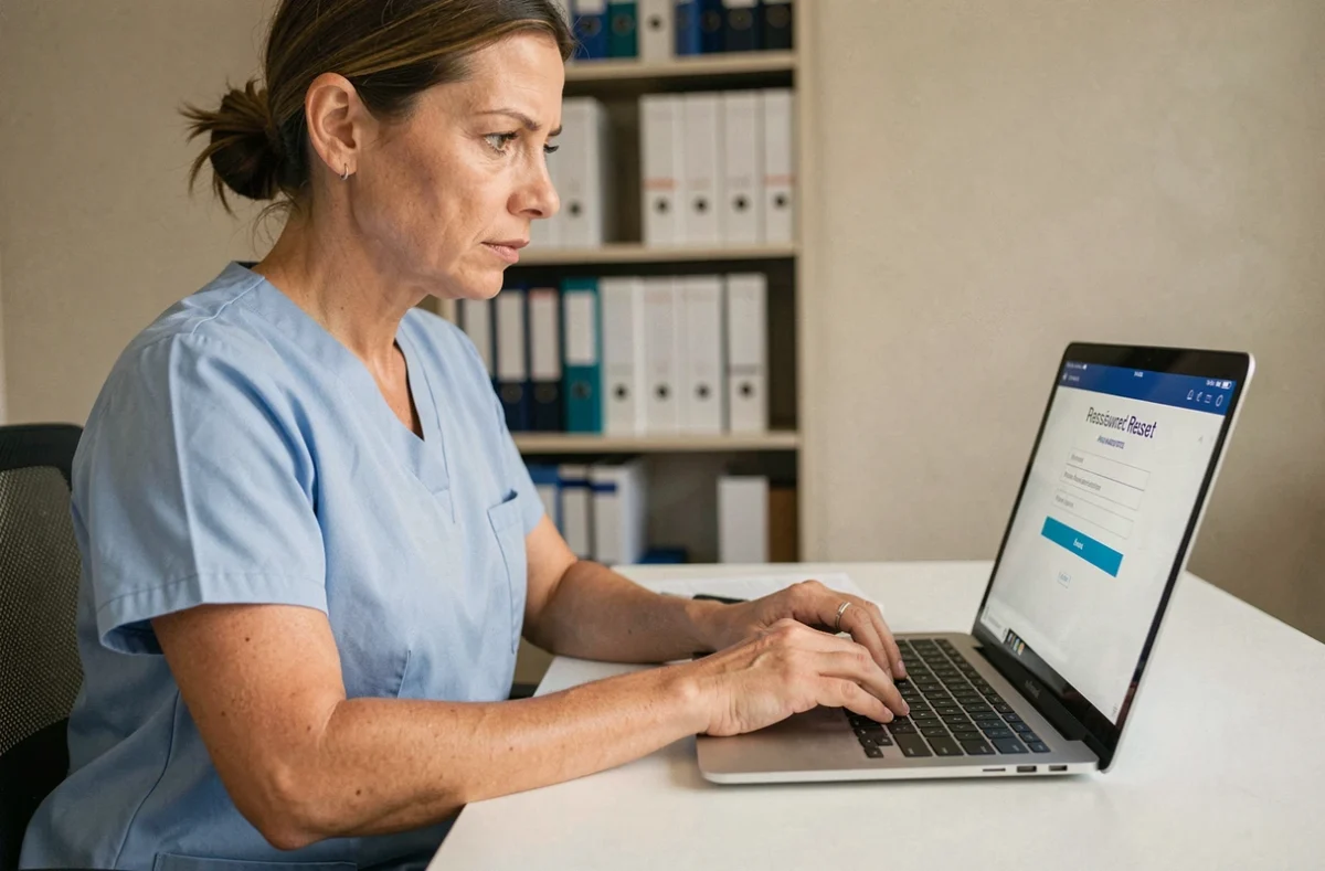 Femme en tenue médicale réinitialisant son mot de passe sur un portail de santé Médisysnet depuis un bureau hospitalier