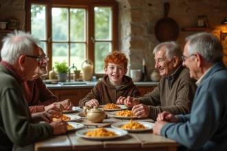 Jeune garçon roux en cuisine italienne vintage partageant un repas