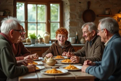 Jeune gar&ccedil;on roux en cuisine italienne vintage partageant un repas