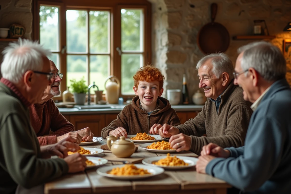 Jeune garçon roux en cuisine italienne vintage partageant un repas