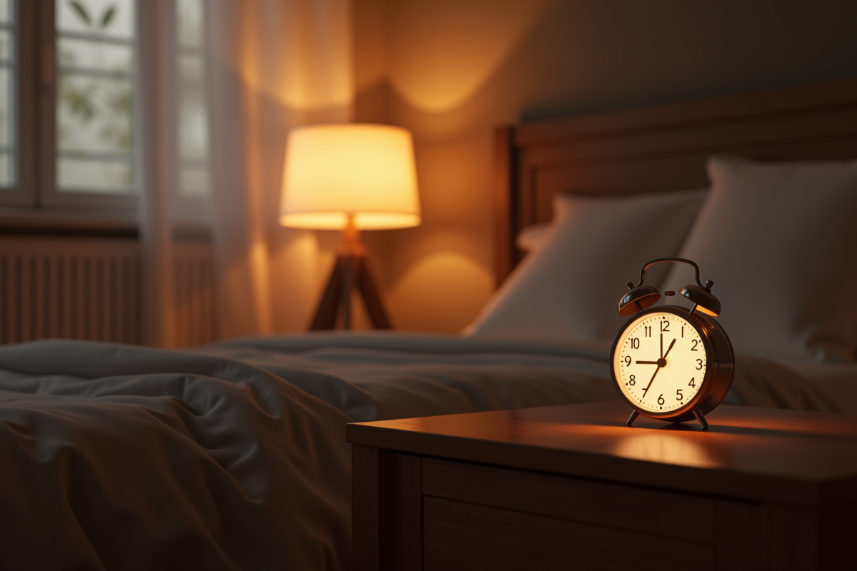 Reveil minimaliste sur une table de nuit en bois dans une chambre