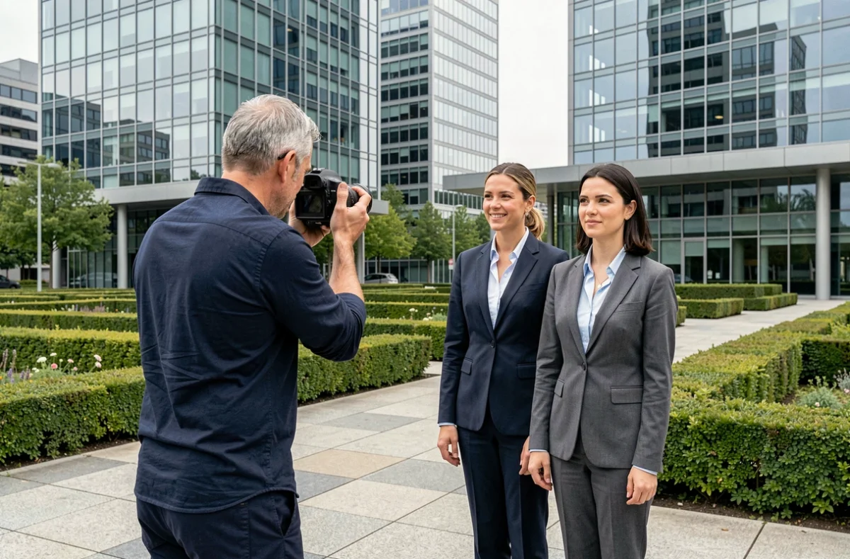 Photographe réalisant une séance de portraits corporate en extérieur dans le quartier d'affaires de Puteaux