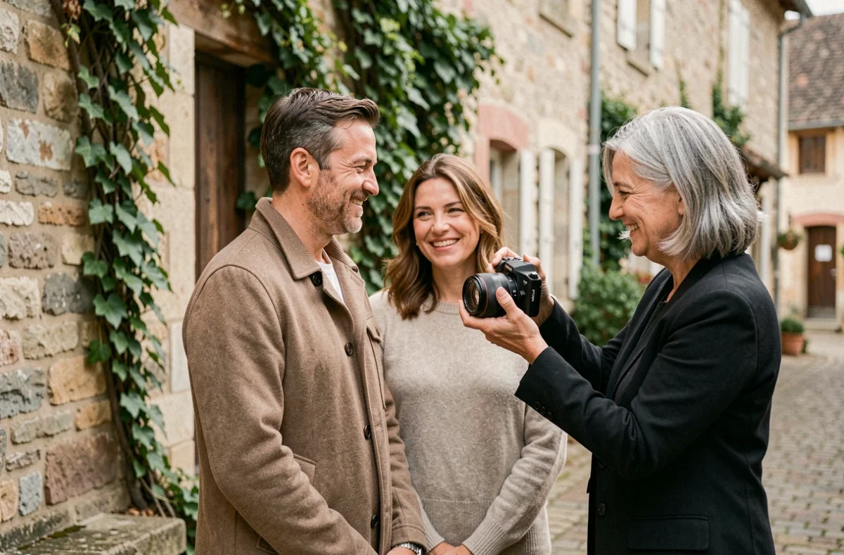 Séance photo en extérieur avec un photographe dirigeant un couple dans un village d'Essonne