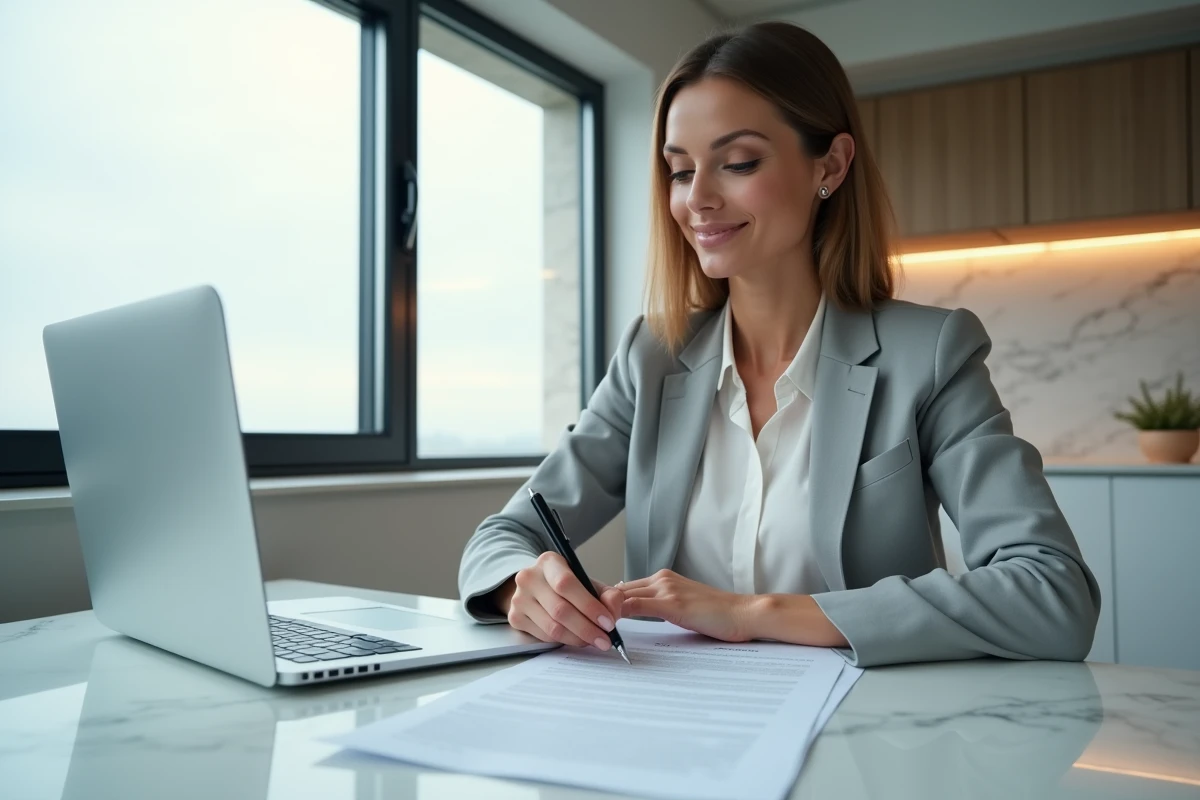 Femme signant une procuration notariale pour succession depuis son domicile, démarches pour héritier à l'étranger