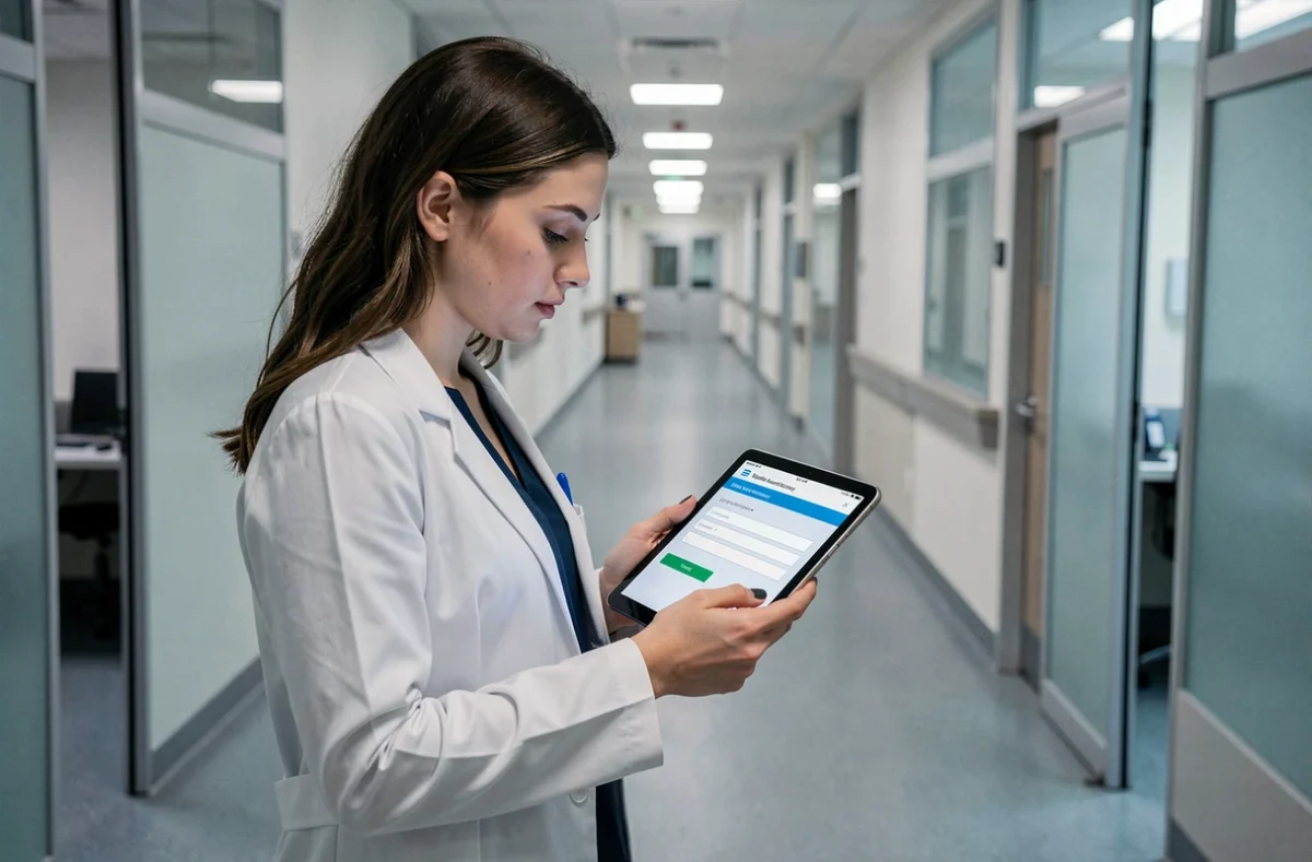Professionnelle de santé en blouse blanche utilisant une tablette pour récupérer son accès au portail Médisysnet dans un couloir hospitalier