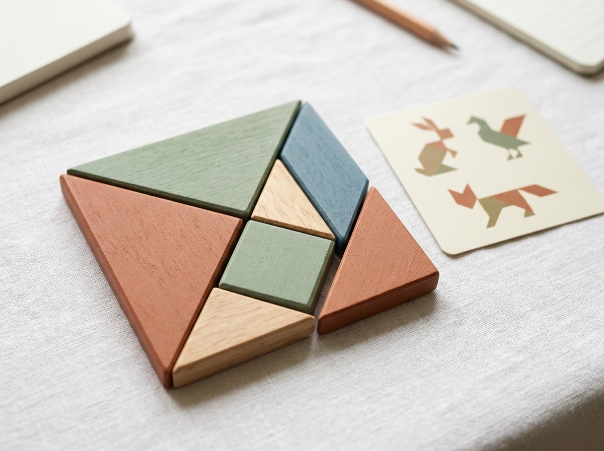 Vue de dessus d'un tangram en bois complet aux couleurs douces posé sur une nappe en lin blanc avec une carte illustrée
