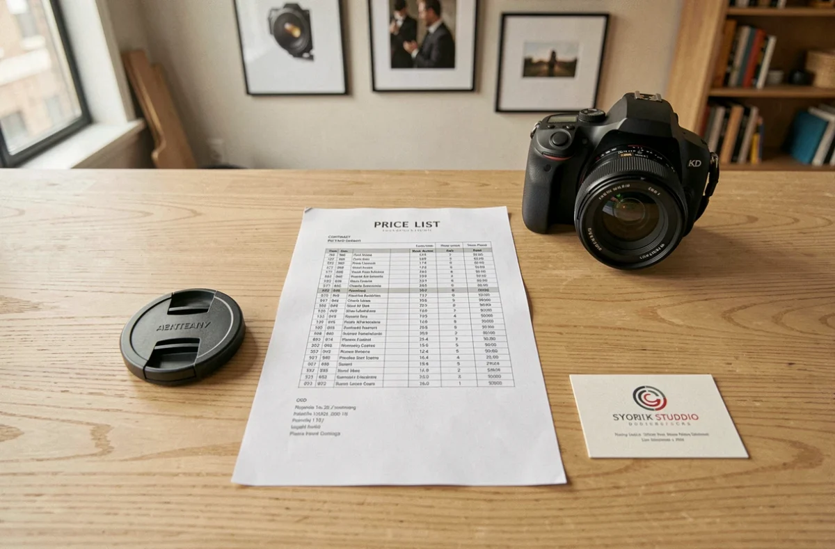 Tarifs et contrat d'un photographe à Puteaux posés sur un bureau avec du matériel photo
