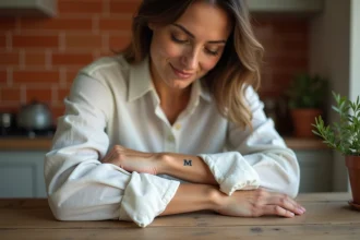 Femme montrant un tatouage initiale famille sur le poignet intérieur, posé sur une table en bois dans une cuisine chaleureuse