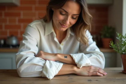 Femme montrant un tatouage initiale famille sur le poignet intérieur, posé sur une table en bois dans une cuisine chaleureuse