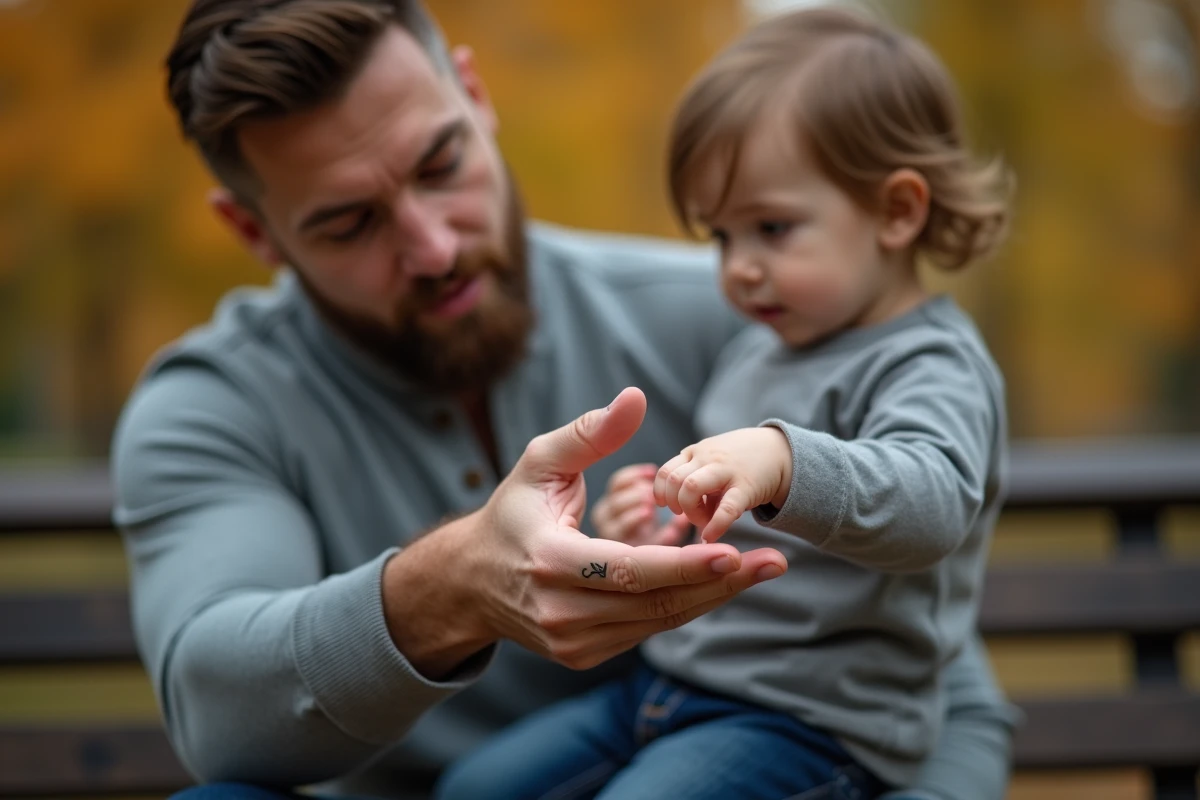 Papa et enfant en bas âge tenant la main, tatouage initiale famille visible sur le poignet du père dans un parc en automne