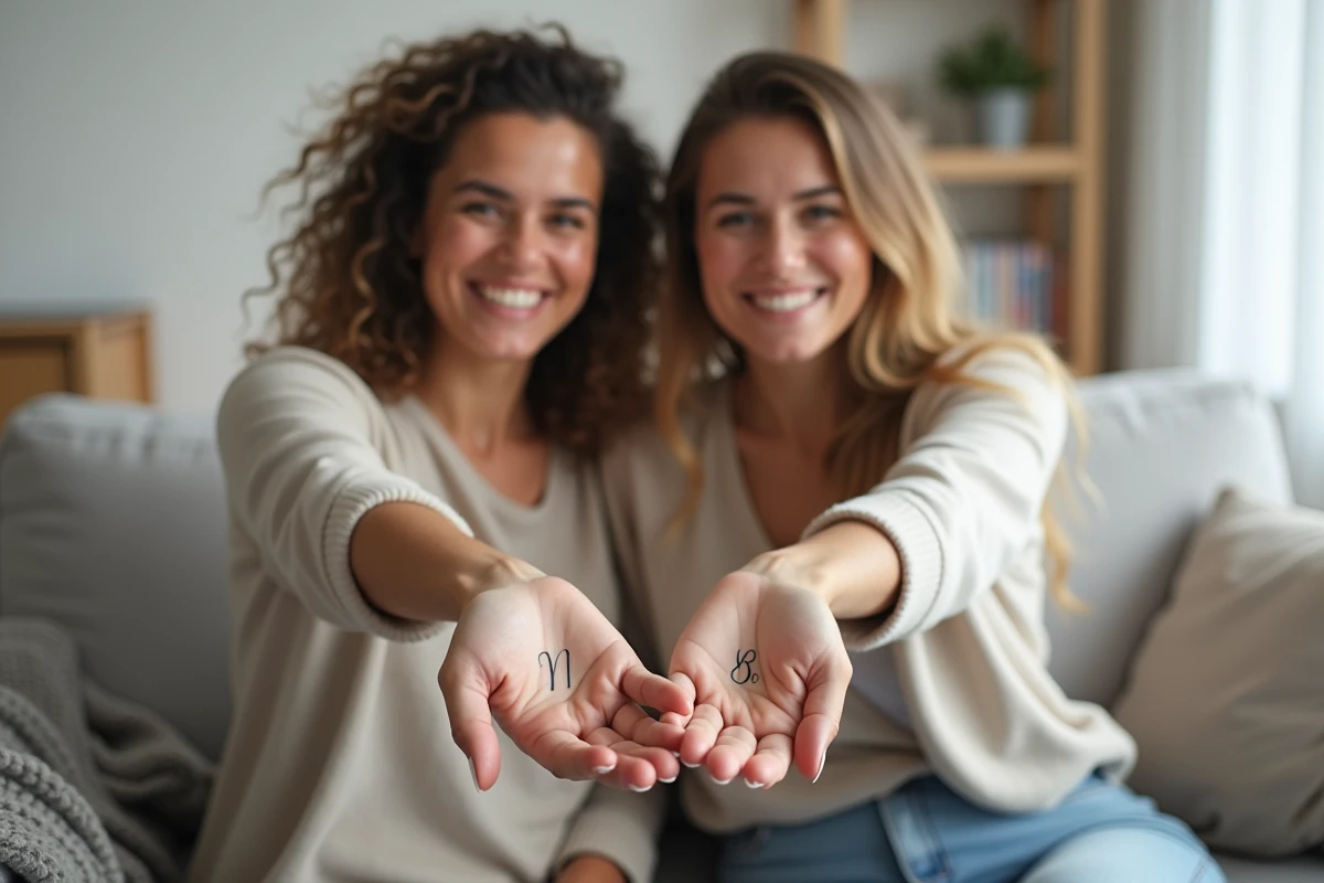 Deux femmes assises côte à côte montrant leurs tatouages initiales famille assortis sur les poignets dans un salon scandinave minimaliste
