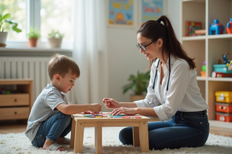 Therapeute femme aidant un garçon à faire un puzzle