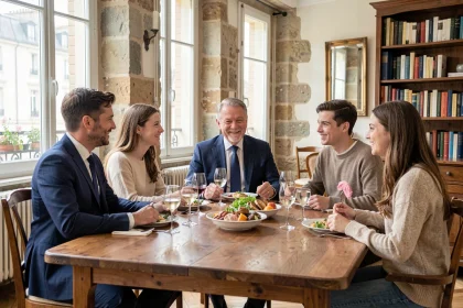 Thierry Breton en famille autour d'un repas convivial avec ses enfants adultes dans un appartement parisien