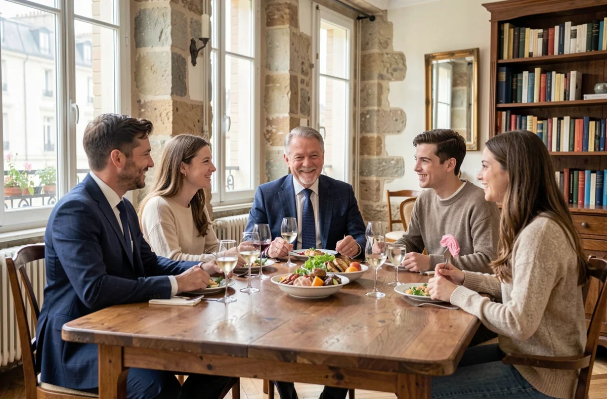 Thierry Breton en famille autour d'un repas convivial avec ses enfants adultes dans un appartement parisien