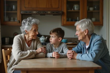 Trois générations d'une famille française autour d'une table