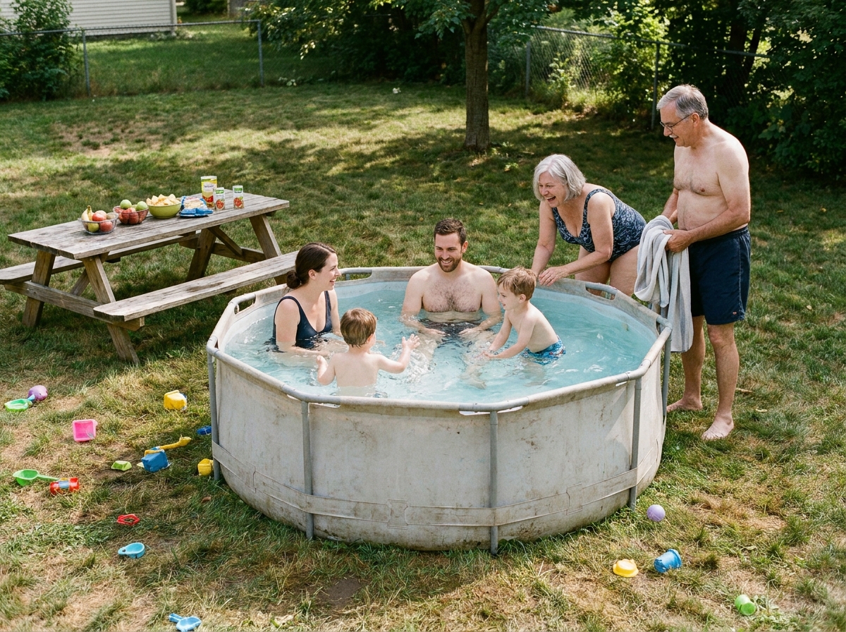 Trois générations d'une famille réunies autour d'une piscine hors-sol dans un jardin