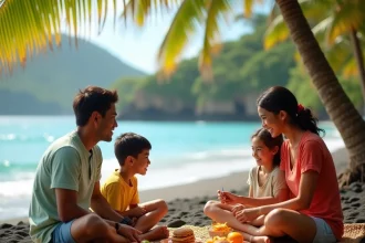 Famille réunionnaise en vacances scolaires sur une plage de l'île de La Réunion avec un calendrier des congés 2026