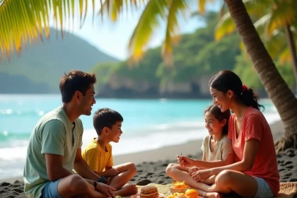 Famille réunionnaise en vacances scolaires sur une plage de l'île de La Réunion avec un calendrier des congés 2026