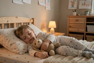 Enfant en bas âge endormi dans son lit avec une veilleuse ambrée allumée, illustrant les erreurs fréquentes liées à la veilleuse et au sommeil des enfants