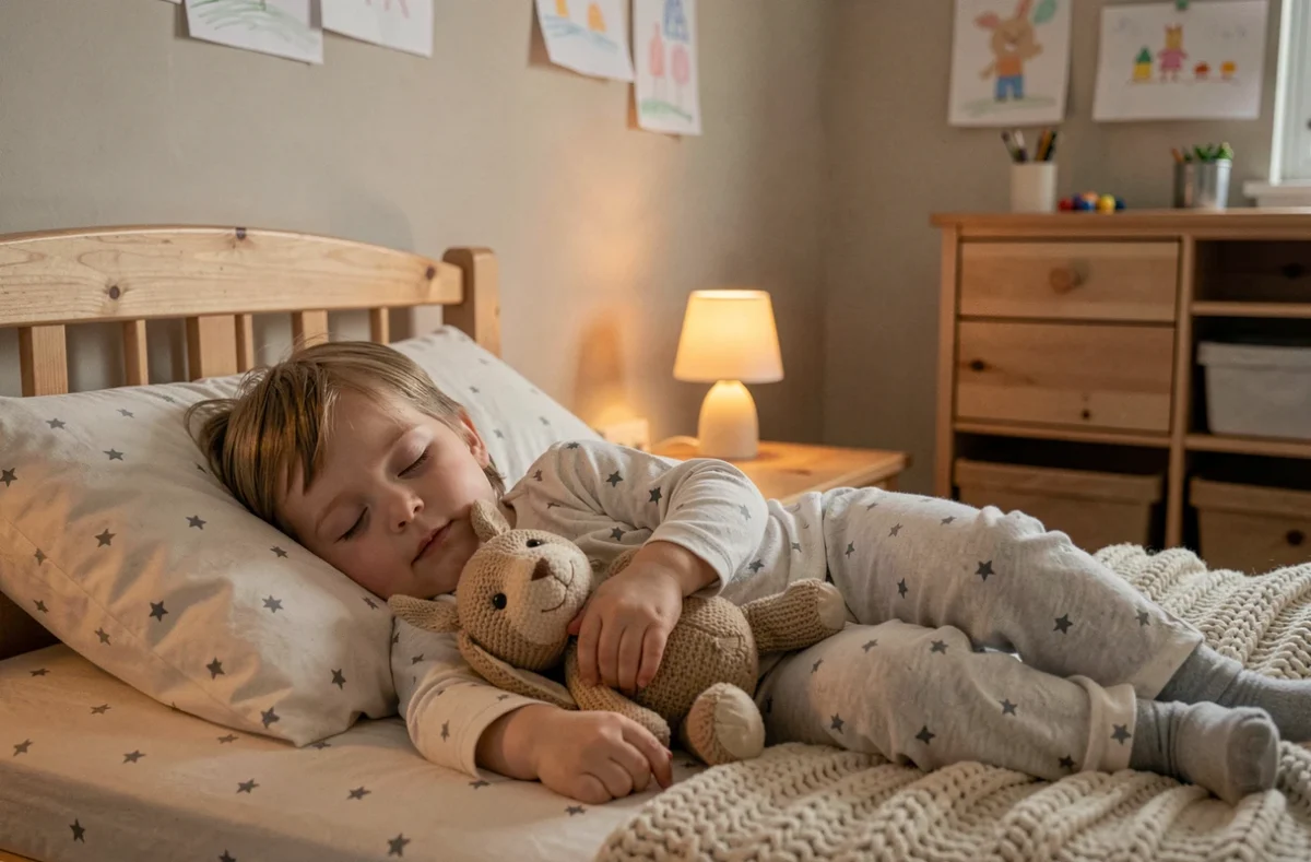 Enfant en bas âge endormi dans son lit avec une veilleuse ambrée allumée, illustrant les erreurs fréquentes liées à la veilleuse et au sommeil des enfants