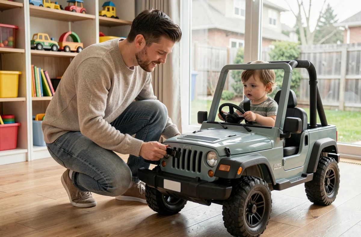 Parent vérifiant la ceinture de sécurité d'une Jeep jouet pour enfant en bas âge dans une salle de jeux intérieure