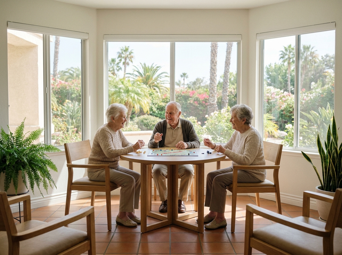Résidents seniors partageant un moment convivial autour d'un jeu de société dans l'espace commun de la Villa de Rimiez, EHPAD LNA Santé à Nice